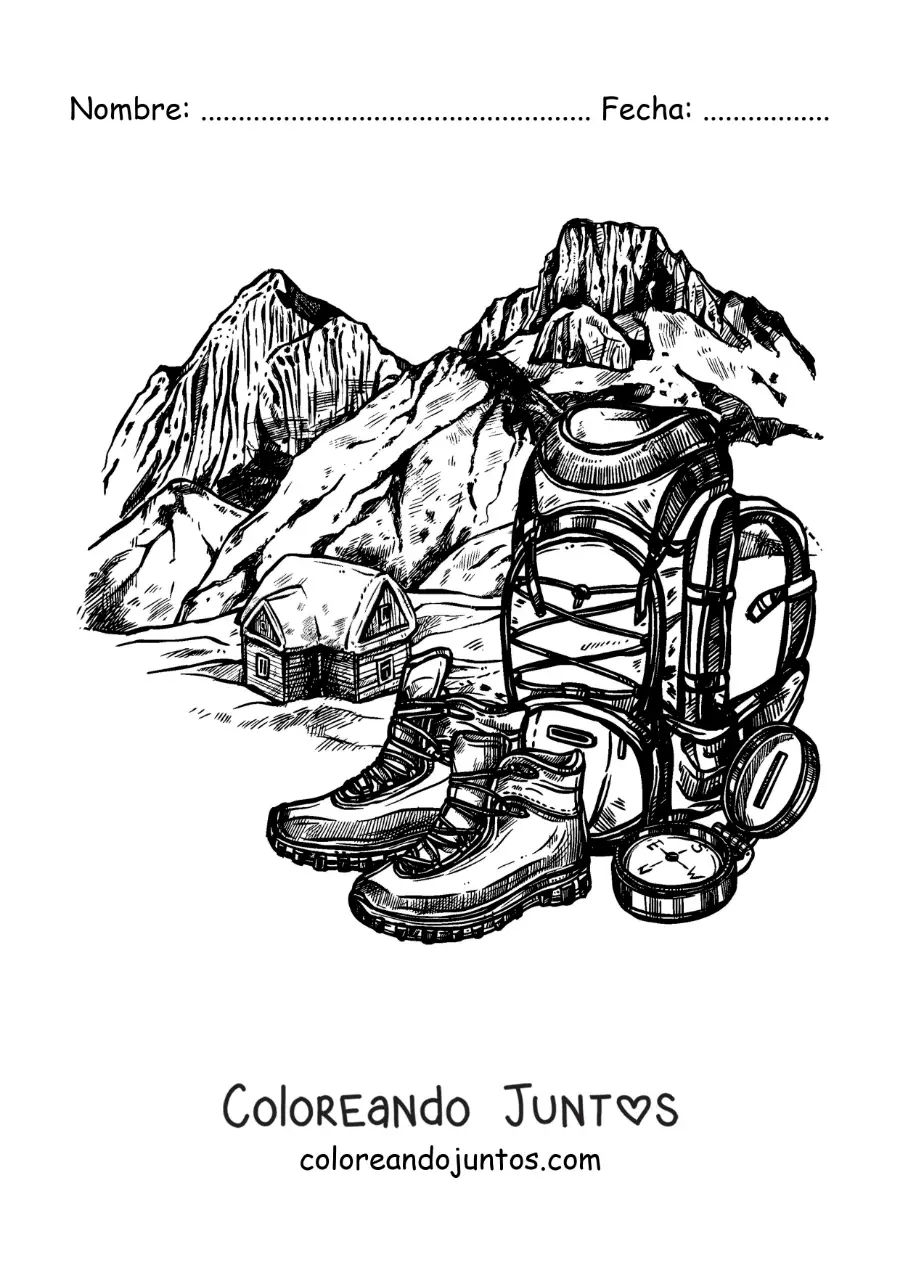 Imagen para colorear de una mochila y un par de botas para escalar