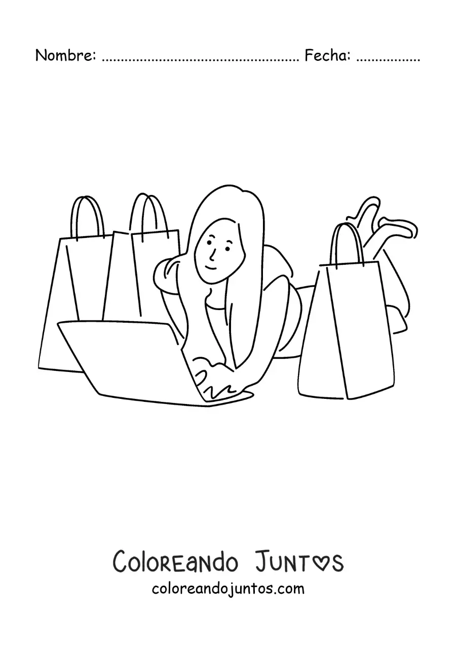 Imagen para colorear de una chica comprando mucha ropa online en su laptop