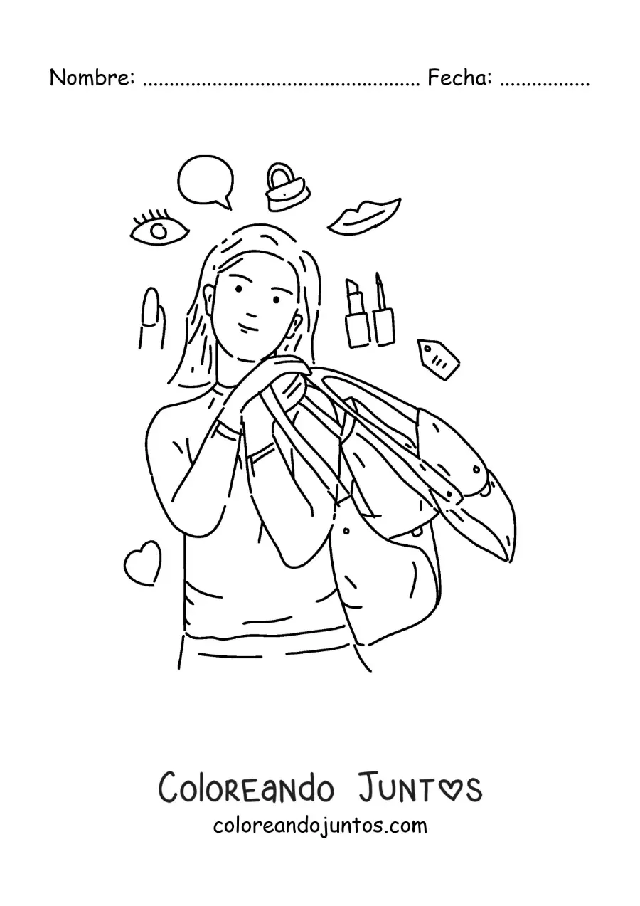 Imagen para colorear de una chica con bolsas pensando en comprar maquillaje