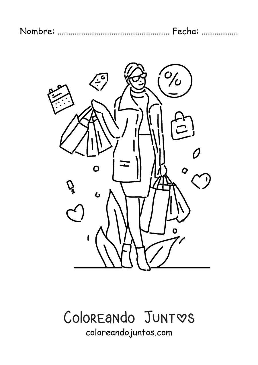 Imagen para colorear de una mujer de compras en temporada de rebajas