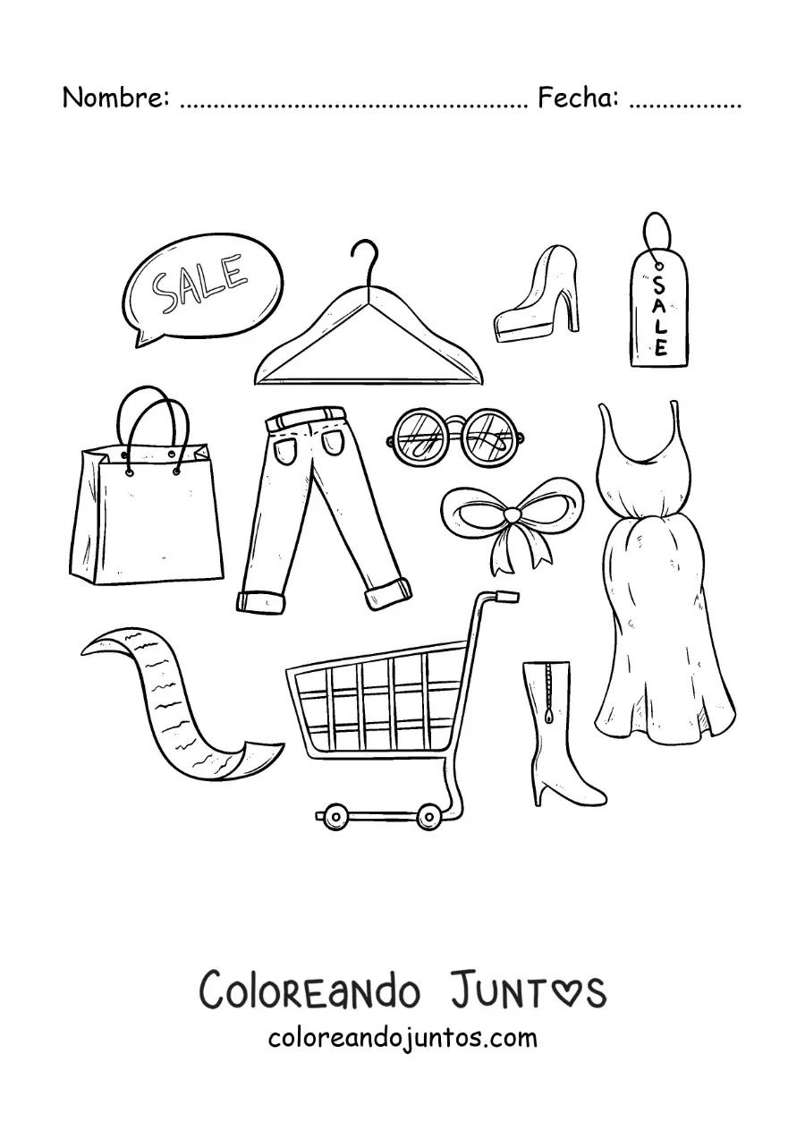 Imagen para colorear de un carrito de compras con ropa alrededor