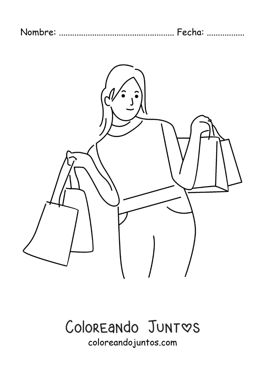 Imagen para colorear de una chica con muchas bolsas de compras