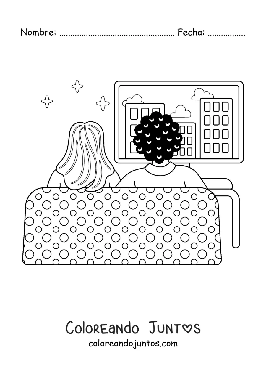 Imagen para colorear de una pareja viendo películas en casa
