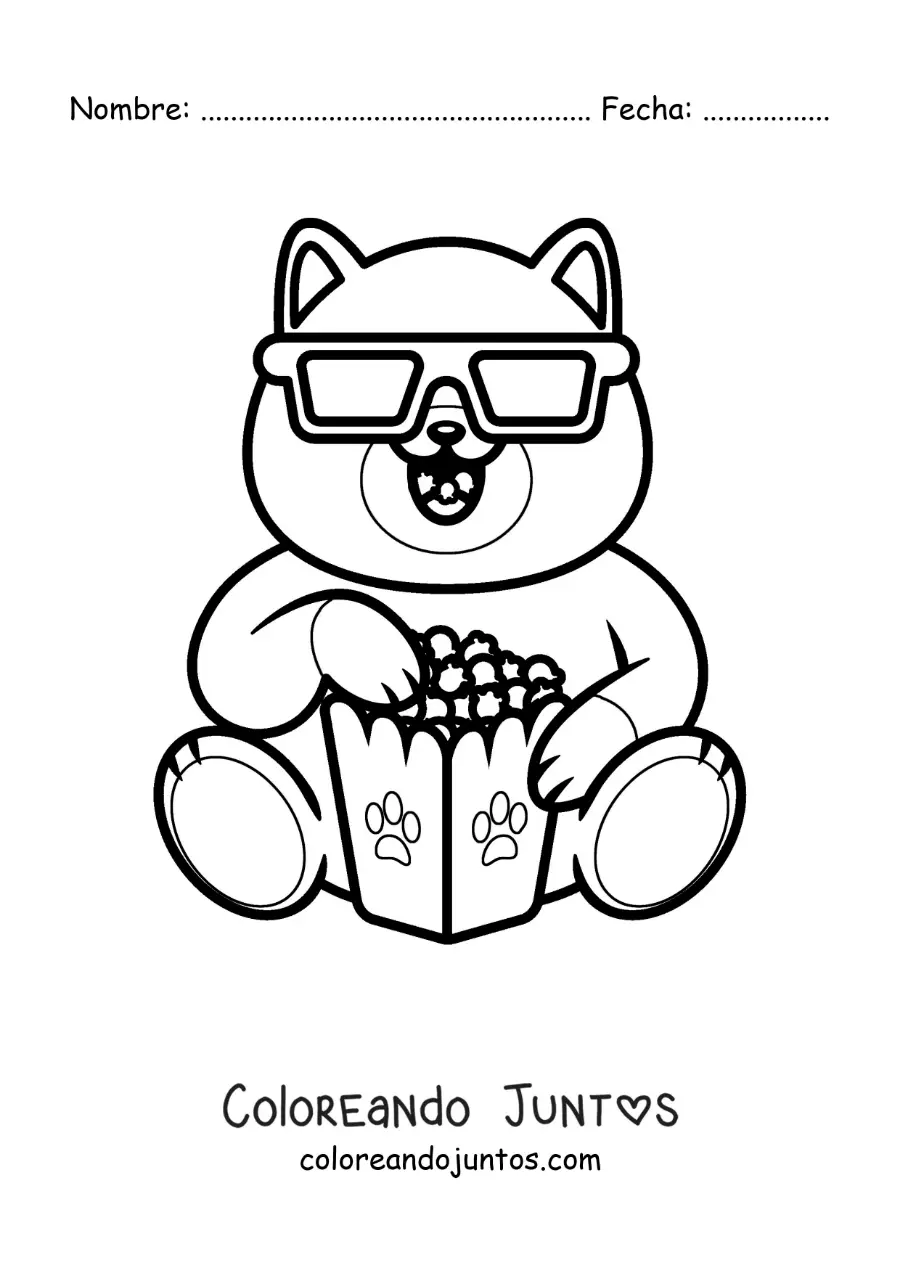 Imagen para colorear de un gato animado con gafas 3d comiendo palomitas