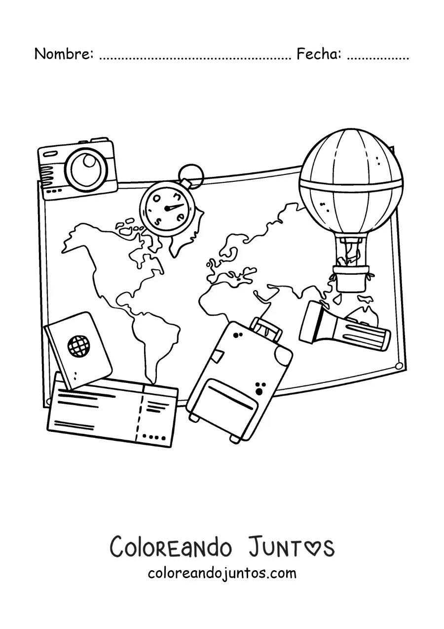 Imagen para colorear de mapa, maleta, boletos y otros elementos de viajes