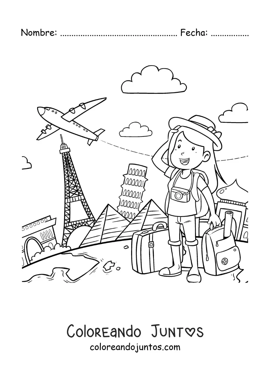 Imagen para colorear de una chica turista con maletas de viaje por el mundo