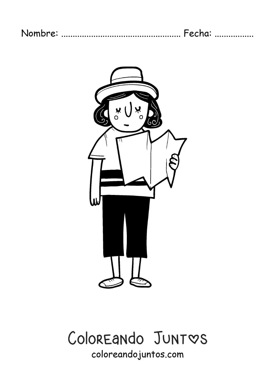 Imagen para colorear de una caricatura de una chica turista leyendo un mapa