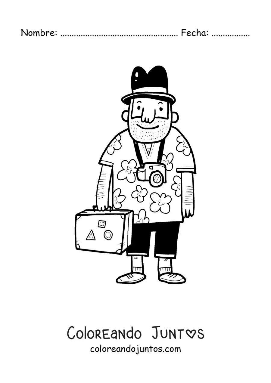 Imagen para colorear de una caricatura de un turista con camisa de flores, cámara y maleta