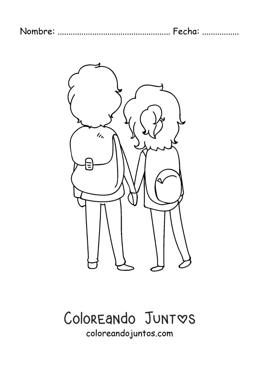 Imagen para colorear de una pareja de mochileros de espaldas