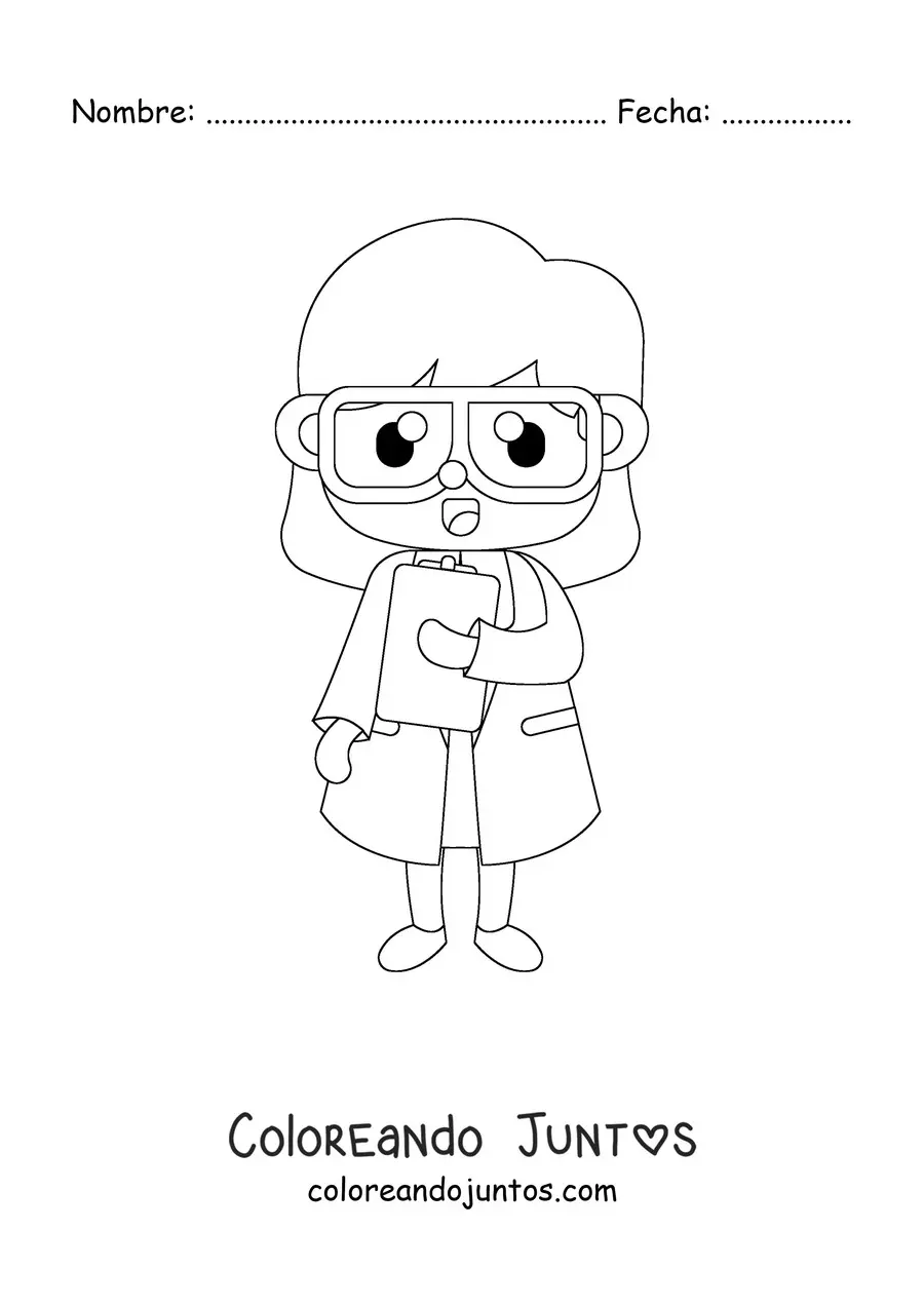 Imagen para colorear de una mujer científico kawaii