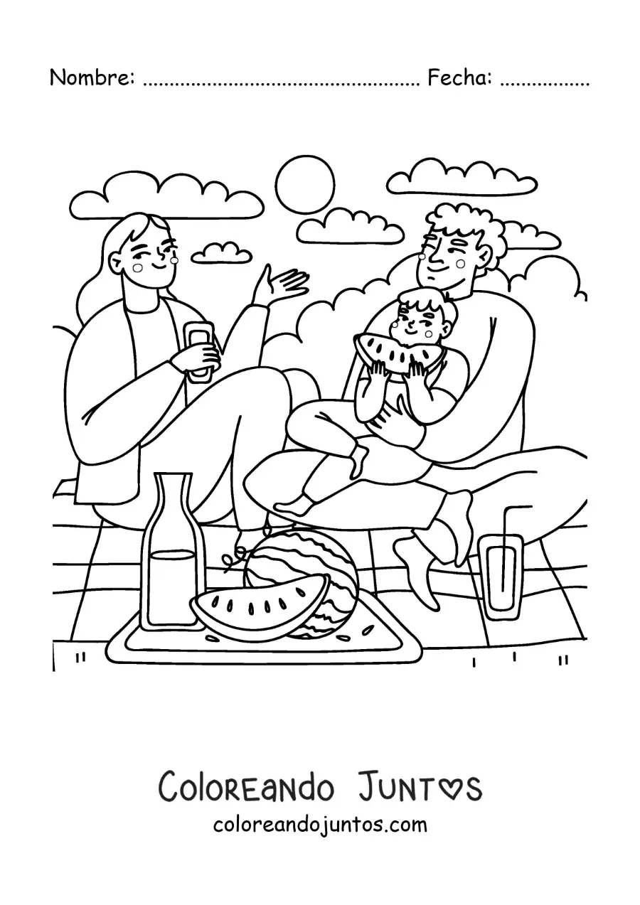 Imagen para colorear de una familia con un niño haciendo un pícnic en el parque
