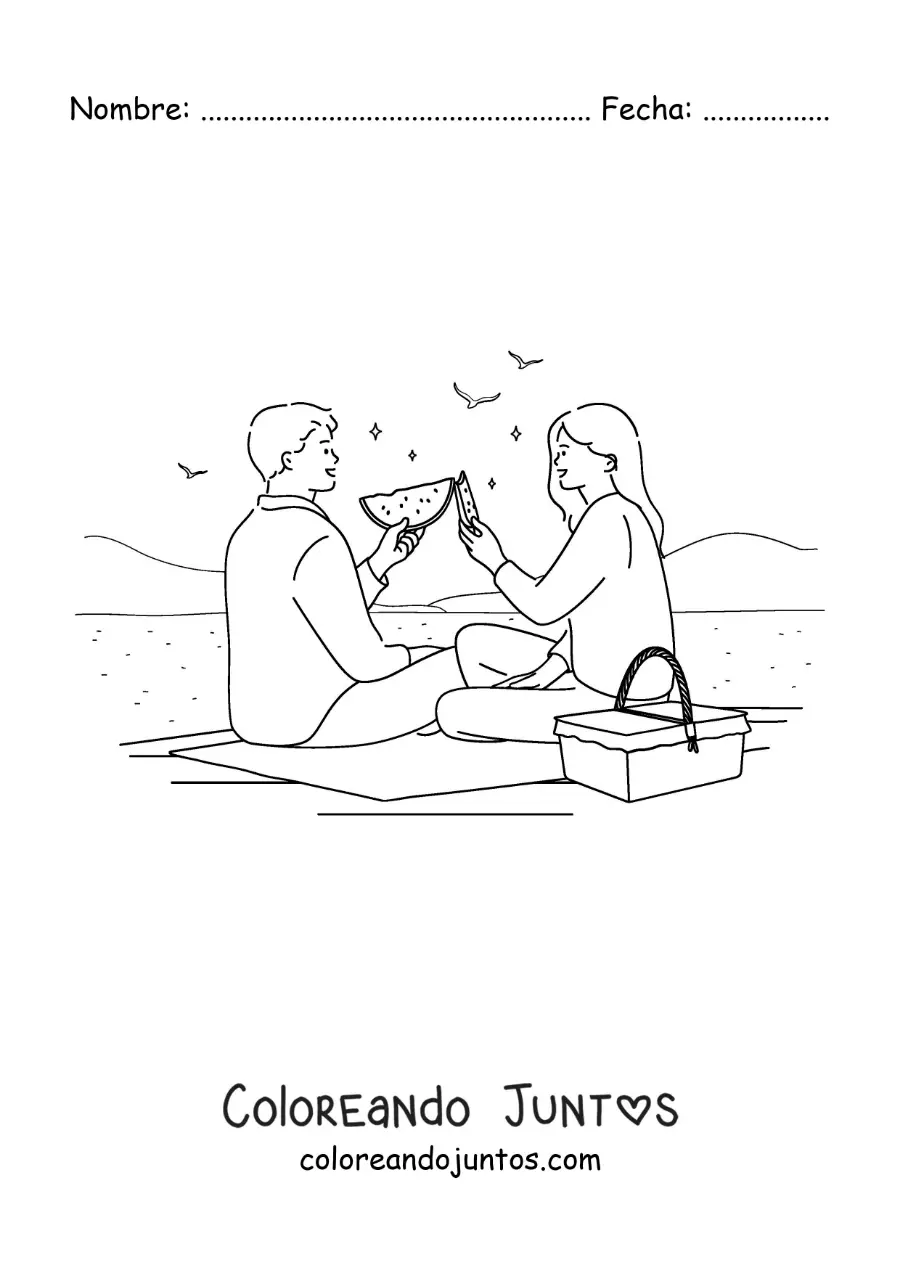Imagen para colorear de una pareja comiendo sandía en un pícnic