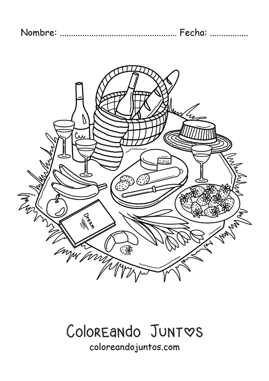 Imagen para colorear de un mantel de pícnic con pan, queso, frutas y otros alimentos