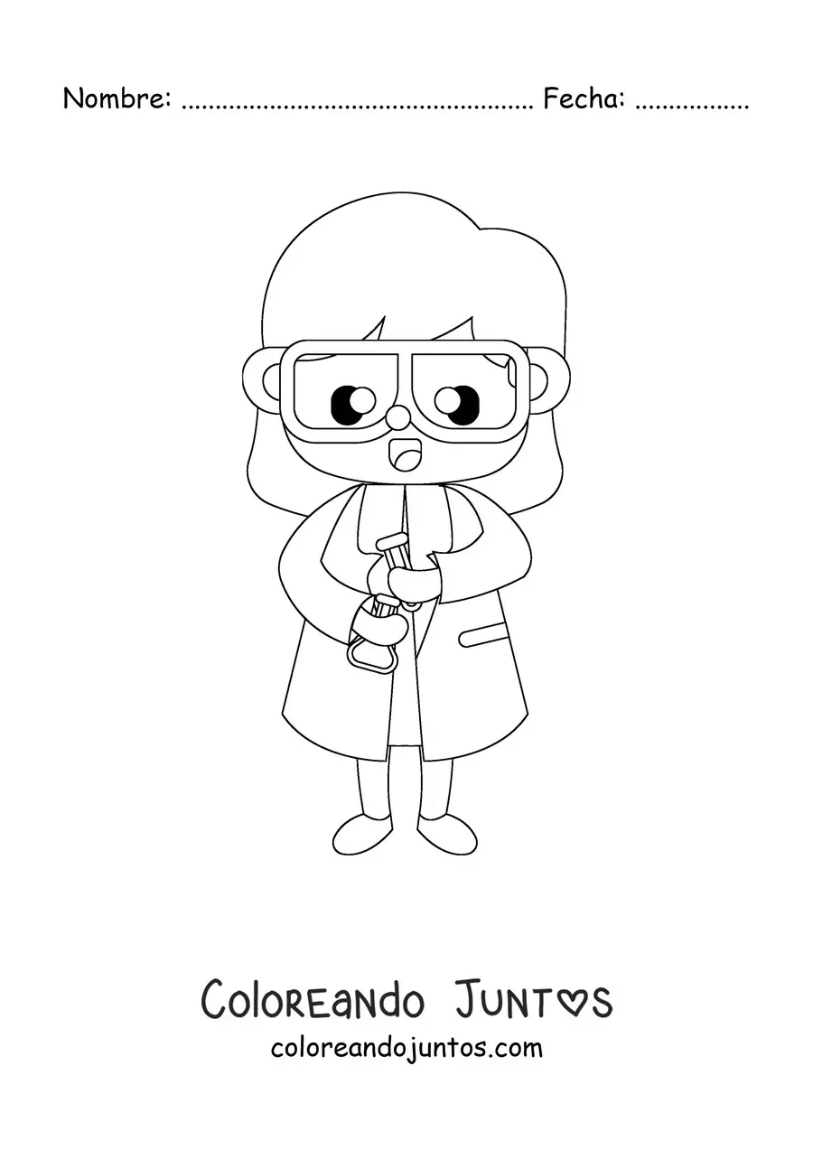Imagen para colorear de una mujer científico kawaii sujetando un tubo de ensayo
