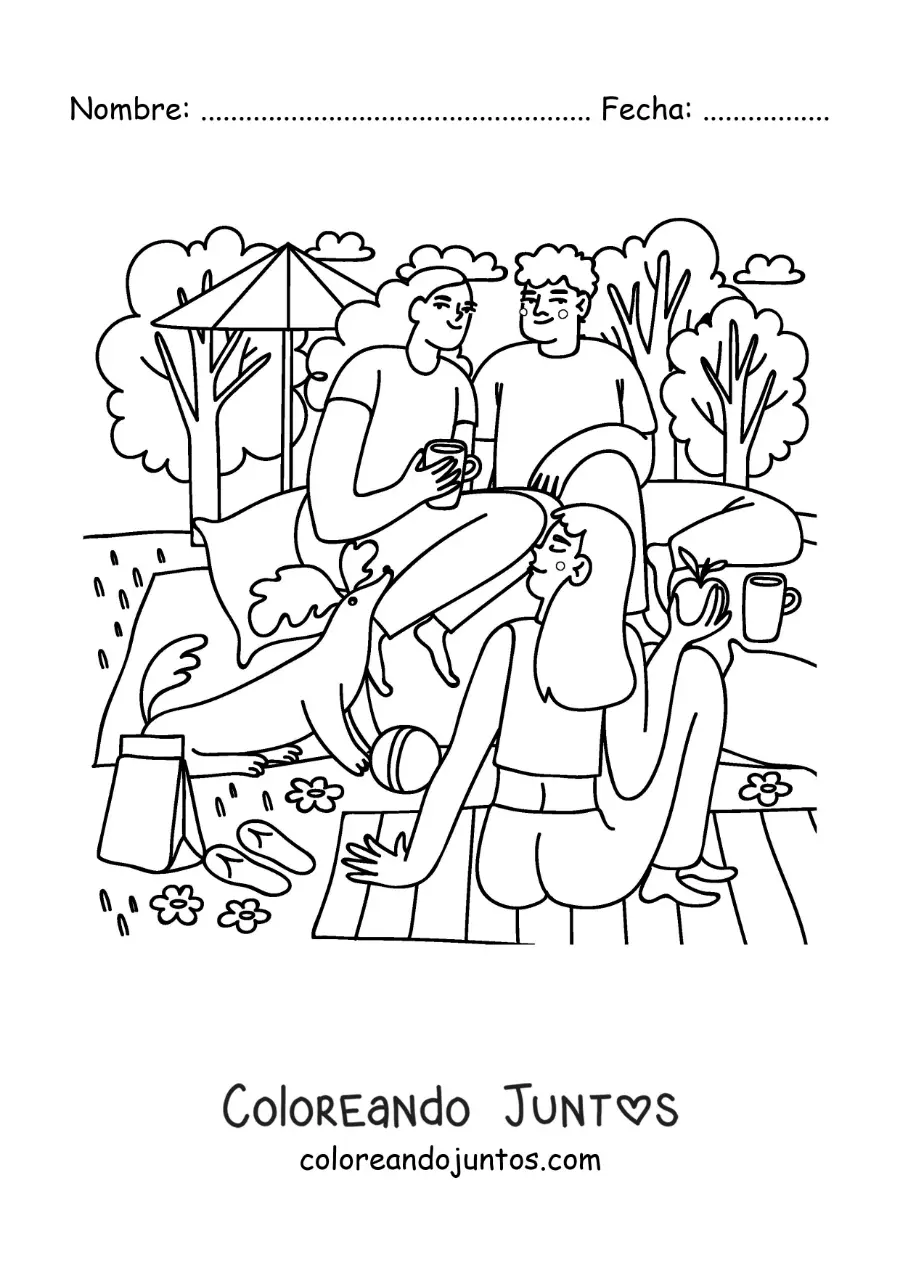 Imagen para colorear de un grupo de amigos adolescentes en un pícnic en el parque