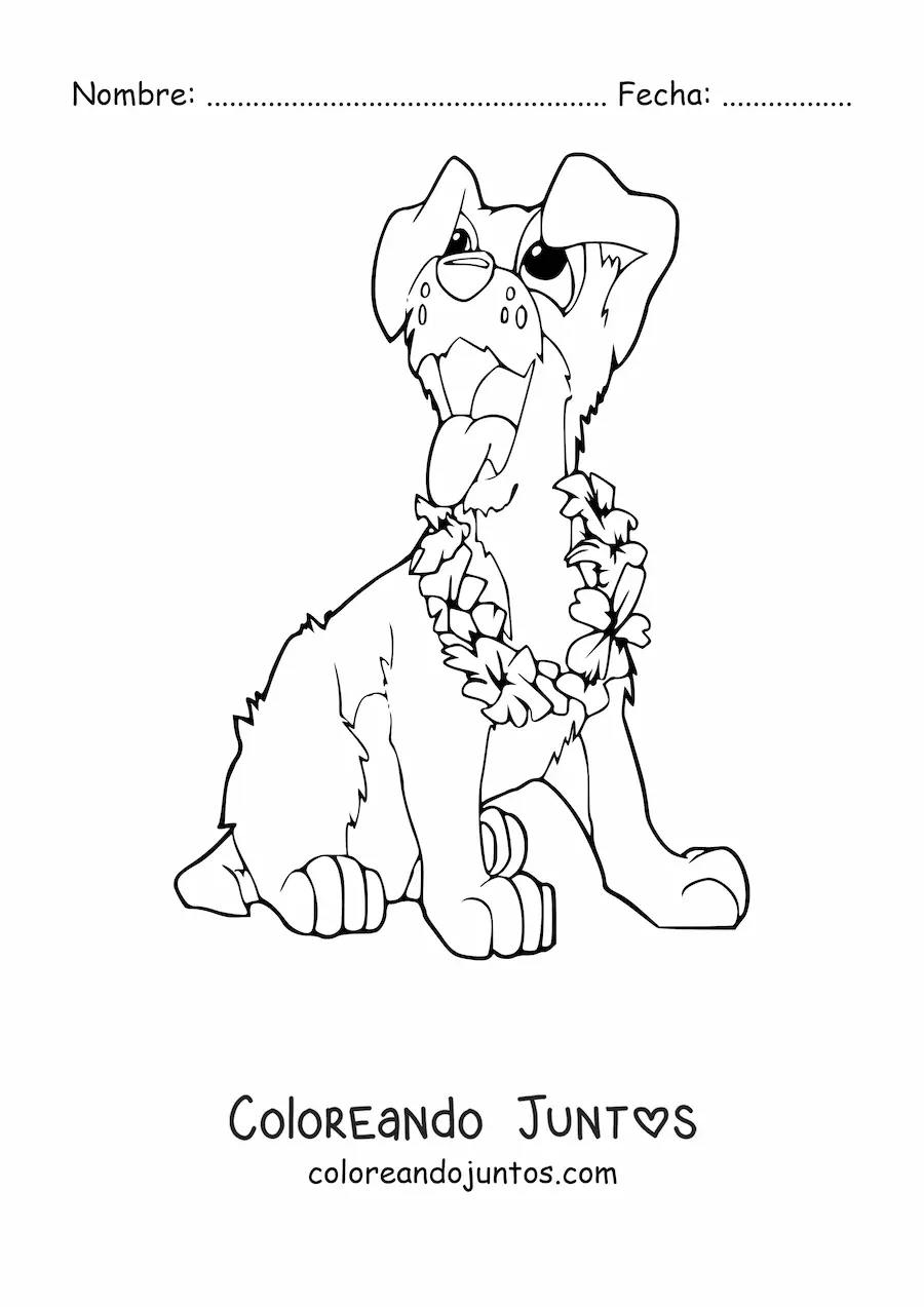 Imagen para colorear de un perro animado sentado usando un collar de flores