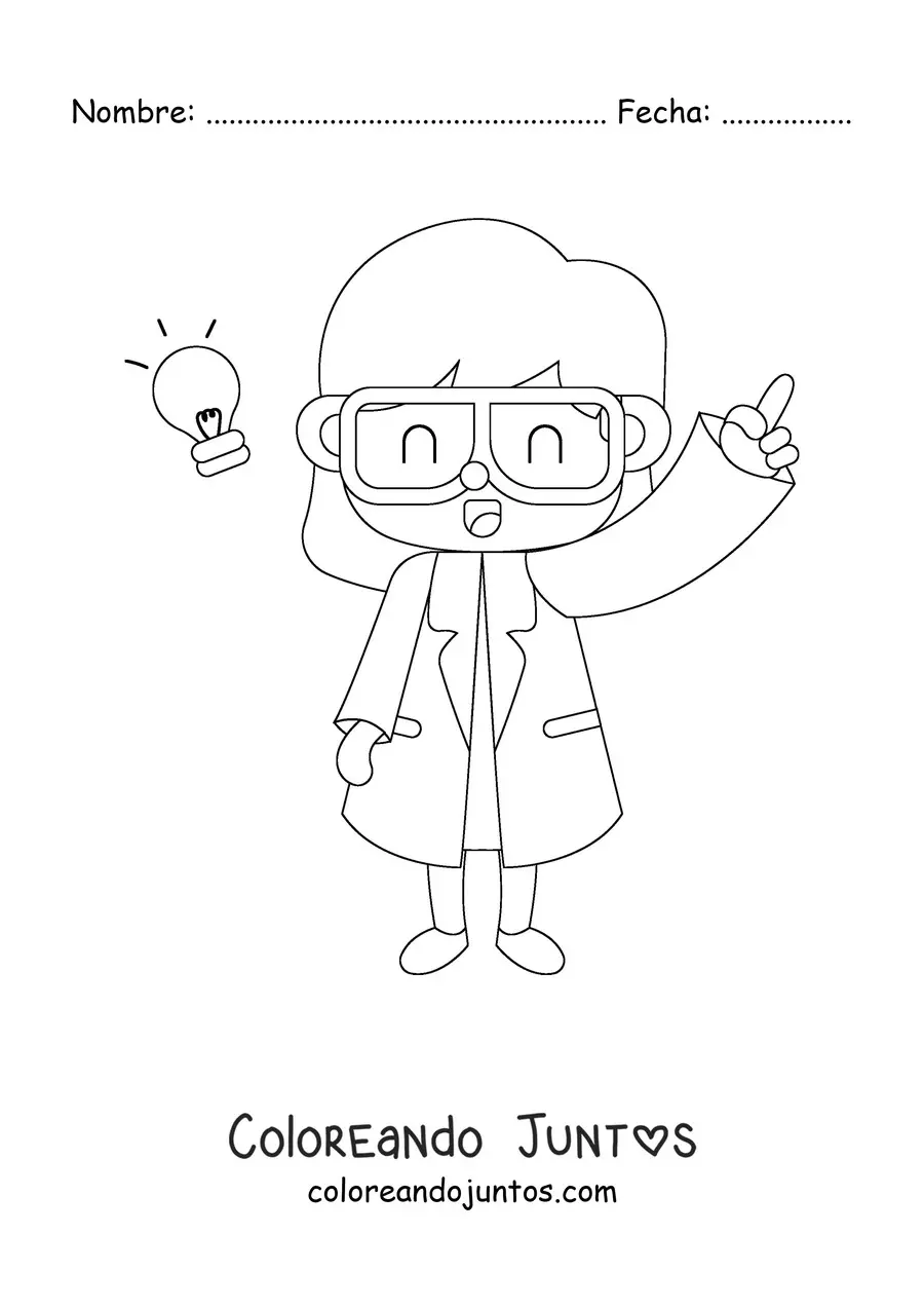 Imagen para colorear de una mujer científico kawaii con bata de laboratorio