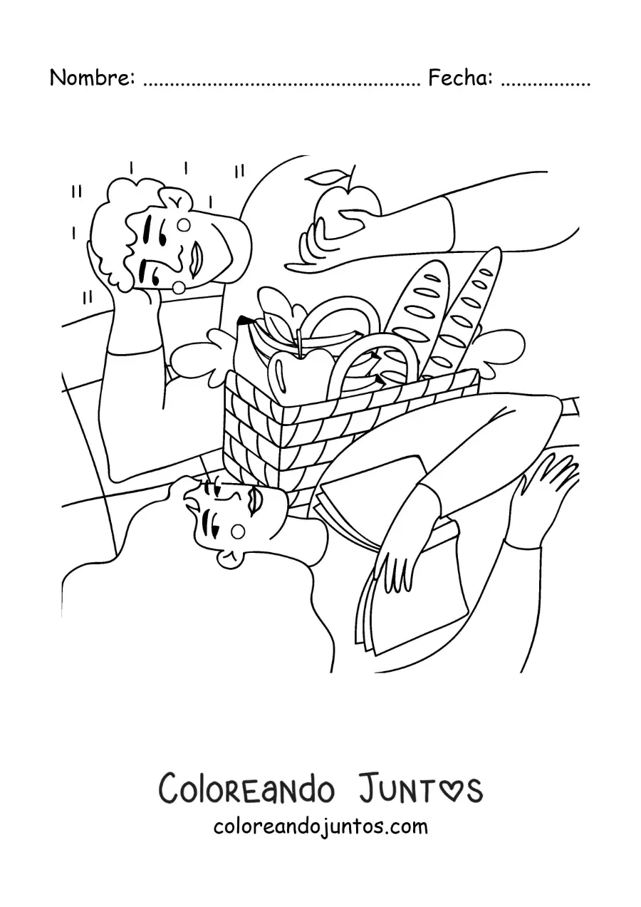 Imagen para colorear de una pareja de enamorados en un pícnic leyendo y comiendo