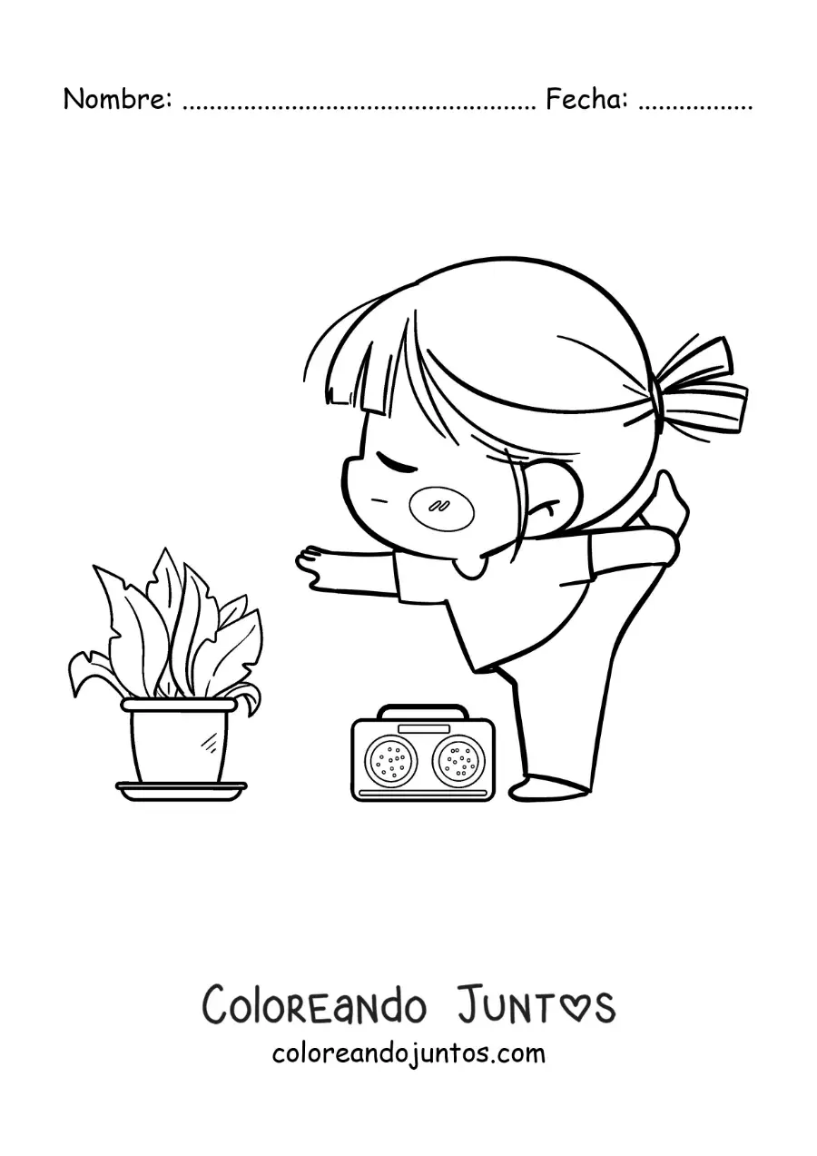 Imagen para colorear de una niña kawaii haciendo yoga con música
