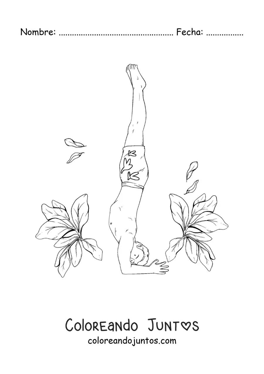 Imagen para colorear de un chico practicando yoga en una postura sobre la cabeza