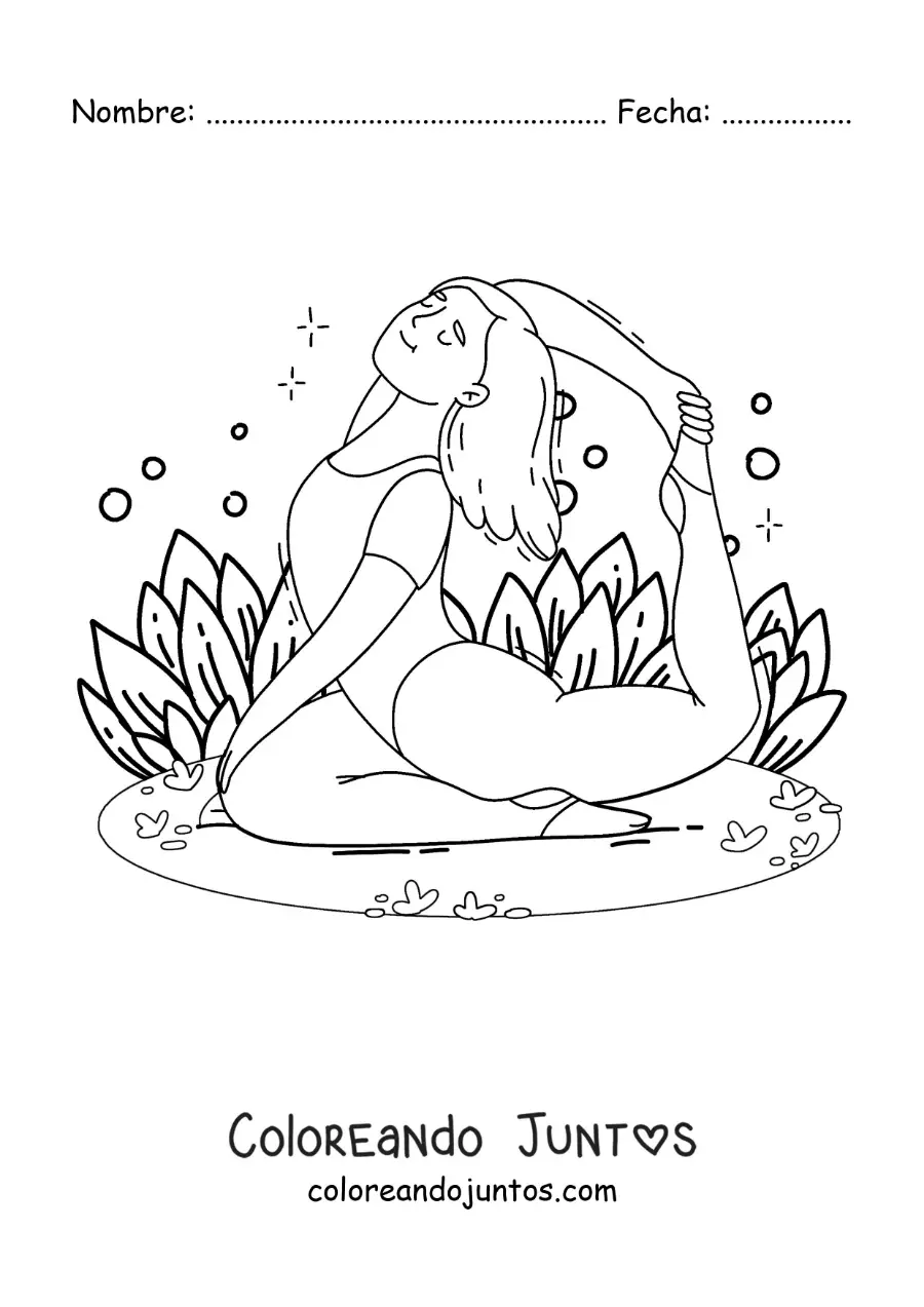 Imagen para colorear de una mujer haciendo la postura de la paloma en el parque