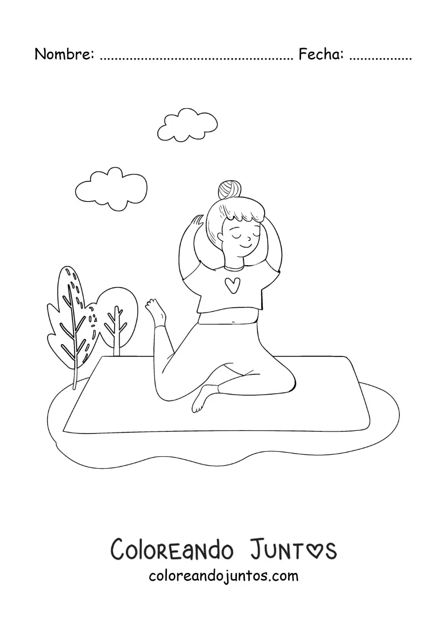 Imagen para colorear de una adolescente haciendo la postura de la paloma en el parque