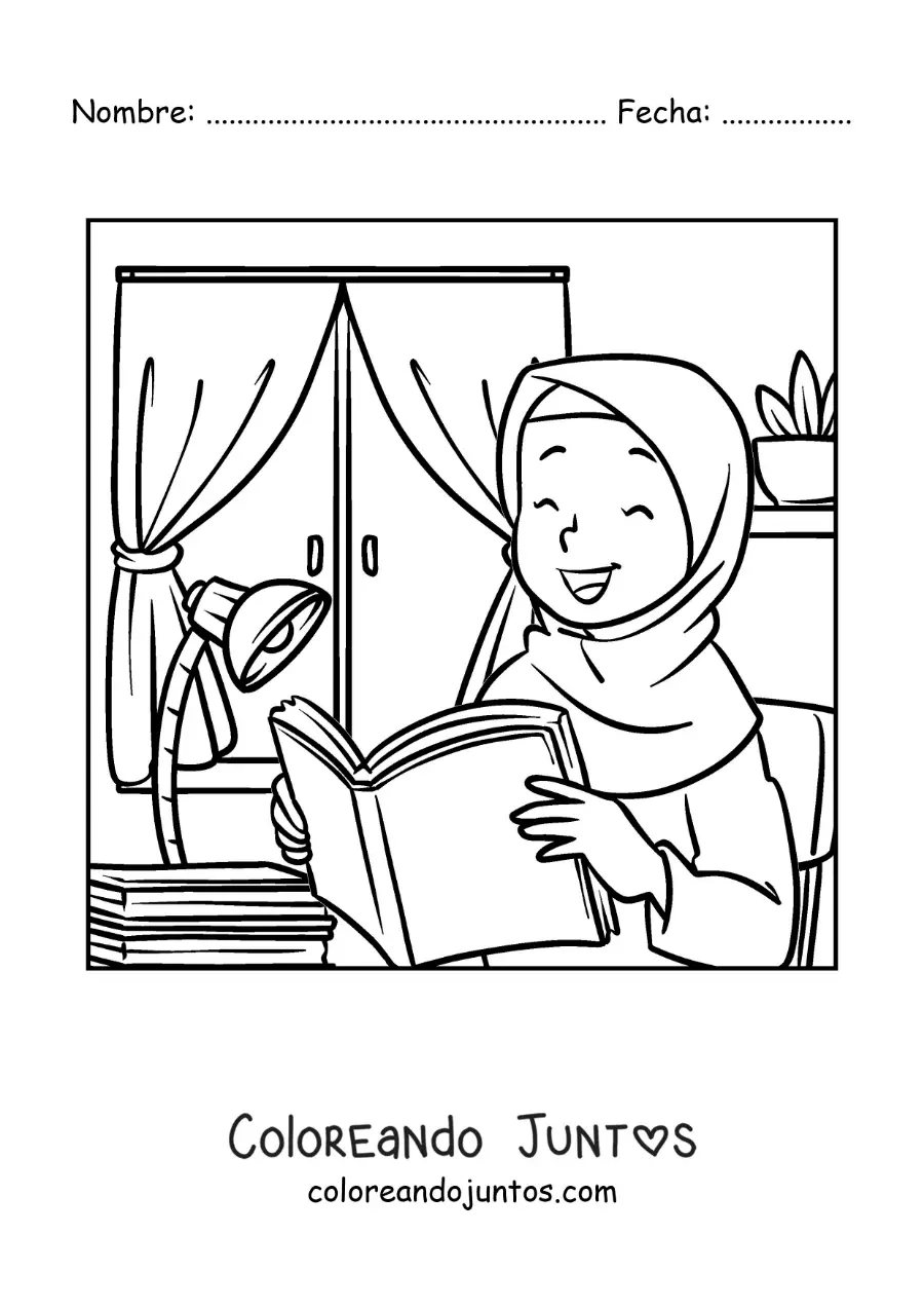 Imagen para colorear de una niña con hiyab leyendo un libro en su habitación