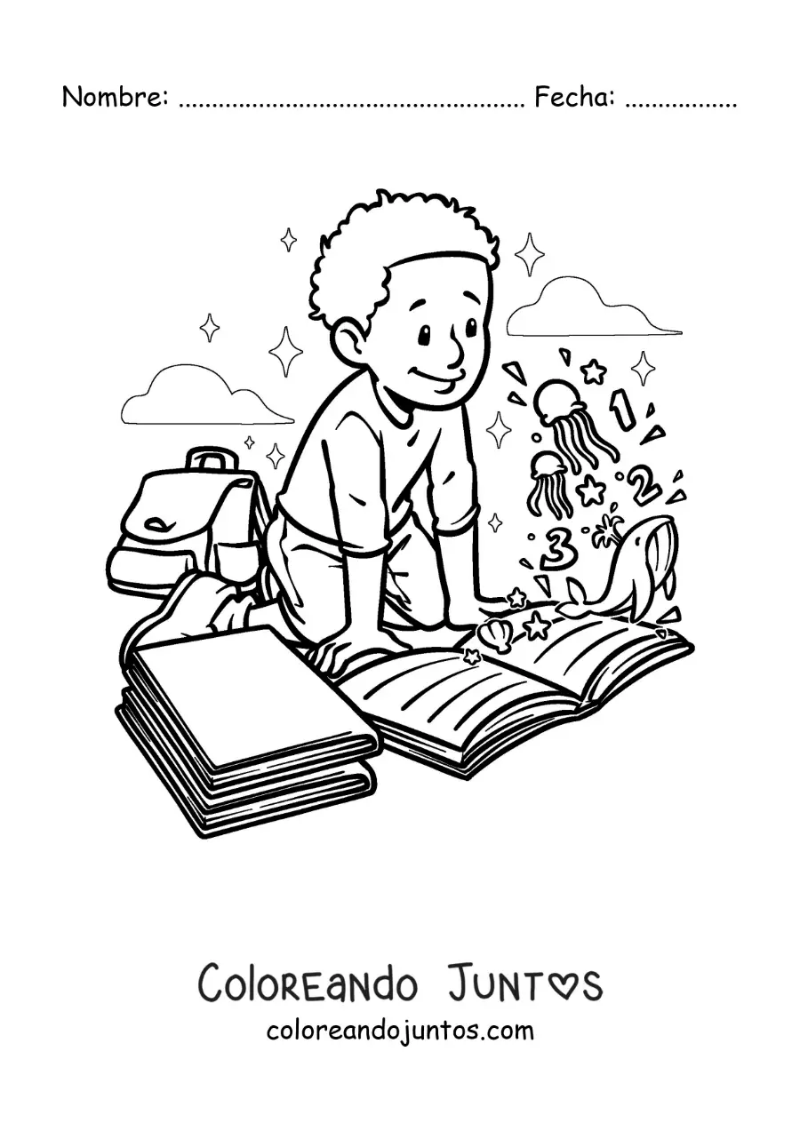 Imagen para colorear de un niño leyendo un libro sobre animales marinos que cobra vida