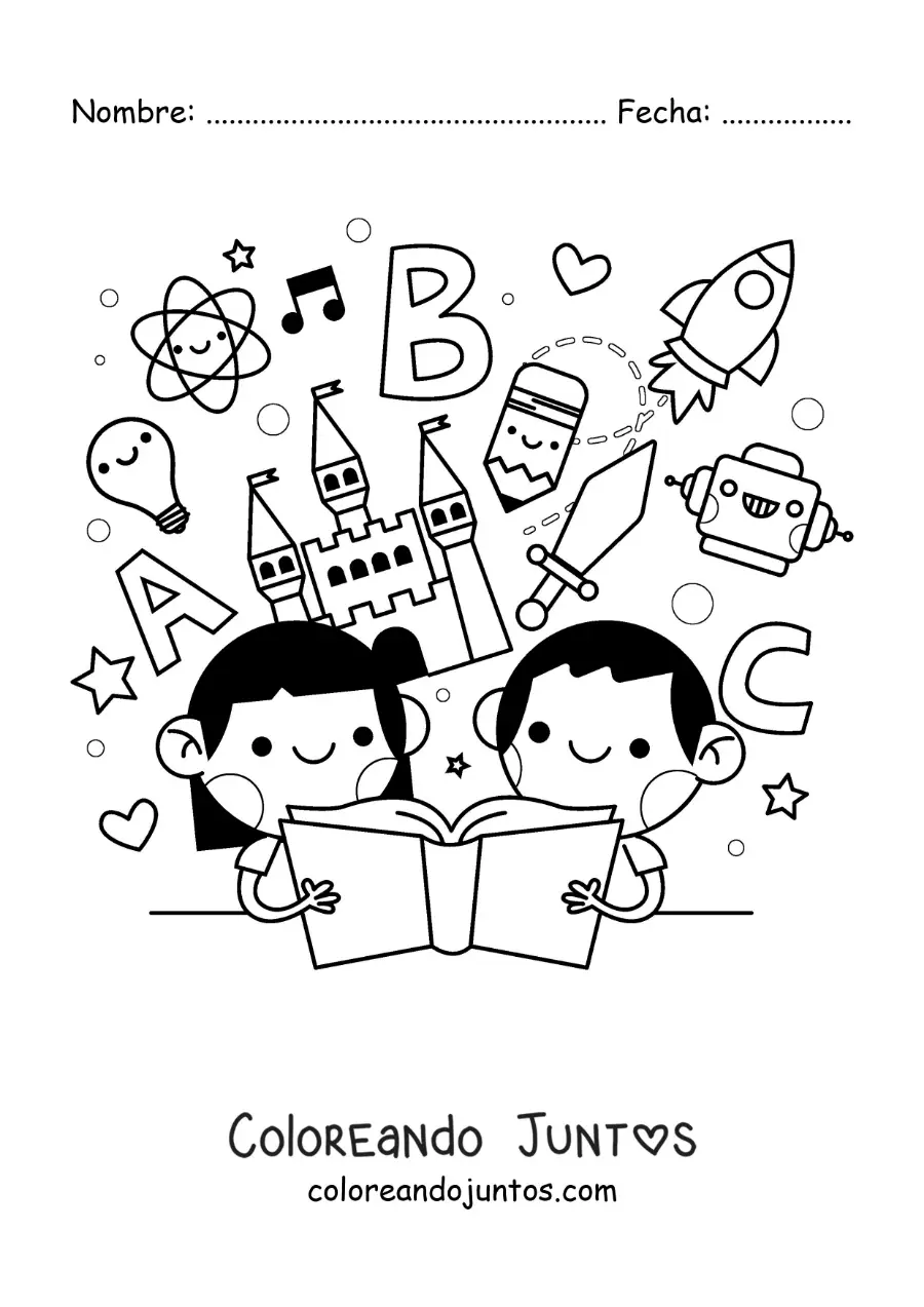 Imagen para colorear de dos niños leyendo un libro con dibujos animados