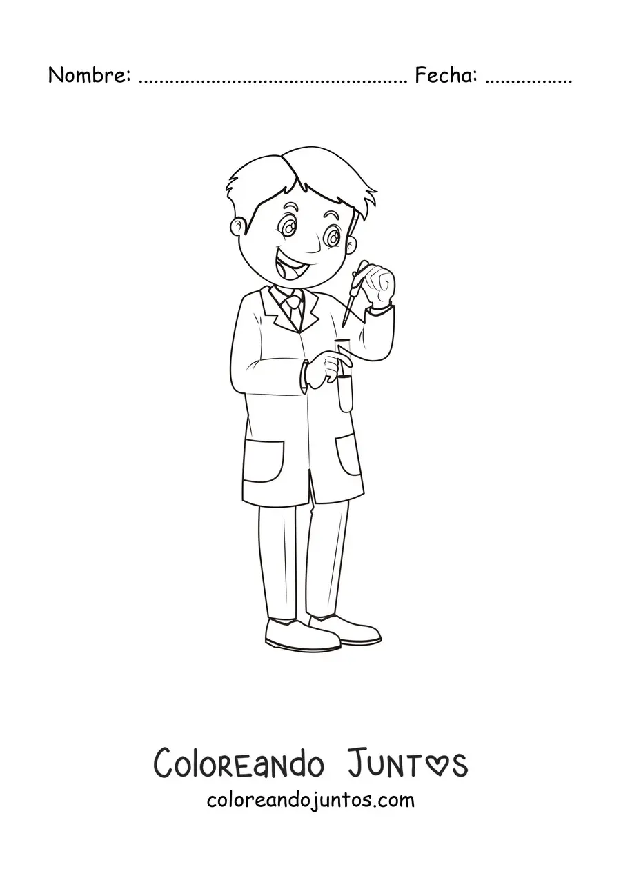 Imagen para colorear de un científico animado haciendo un experimento en un tubo de ensayo