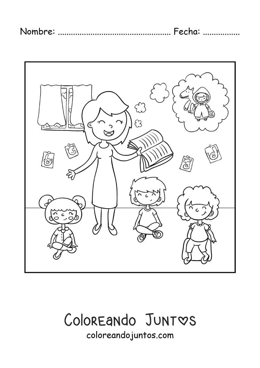 Imagen para colorear de una maestra leyendo un cuento a sus alumnos en el salón