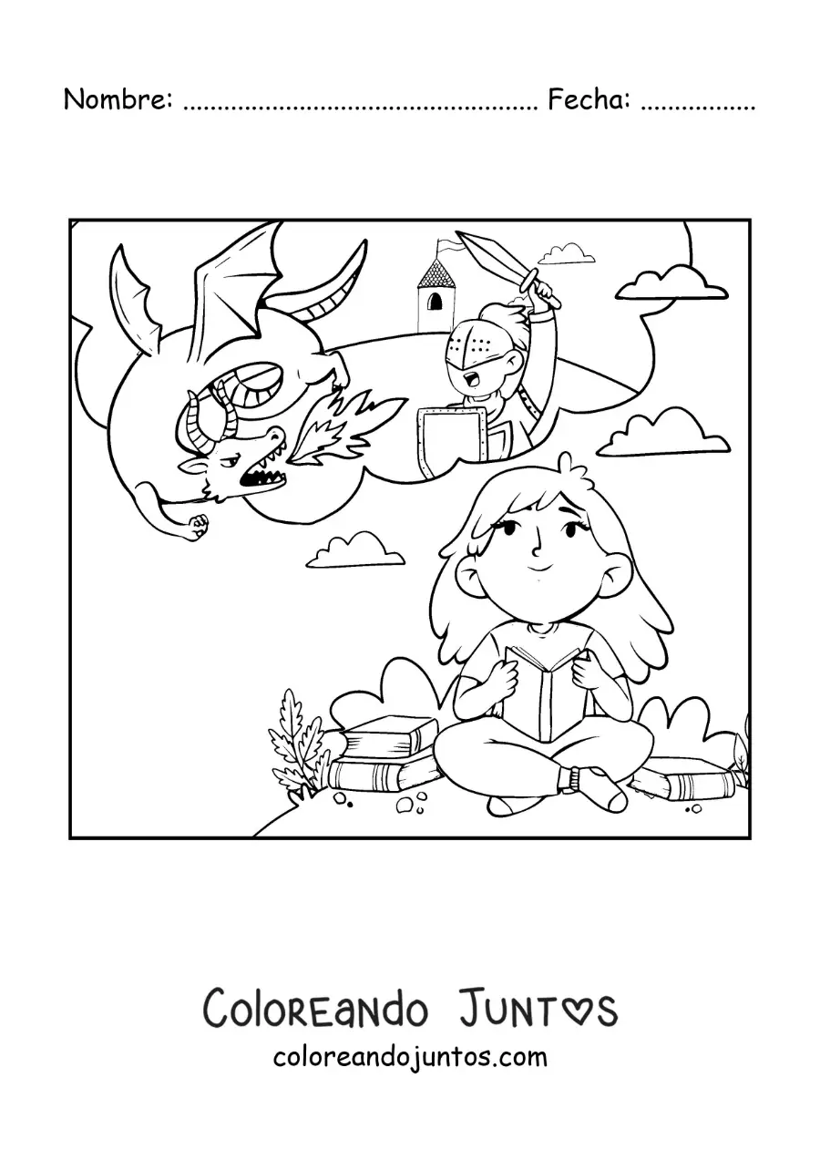 Imagen para colorear de una niña leyendo un cuento de fantasía e imaginando a los dragones