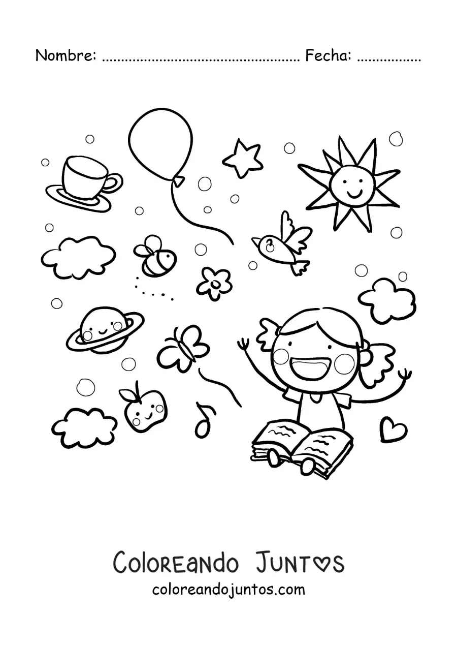 Imagen para colorear de una niña leyendo rodeada de los personajes animados del cuento