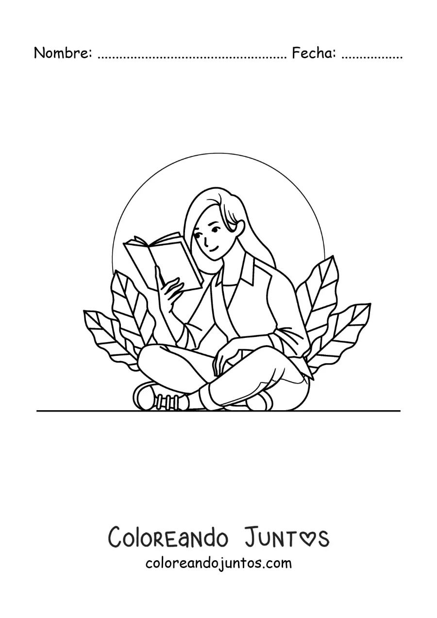 Imagen para colorear de una chica sentada leyendo con plantas alrededor