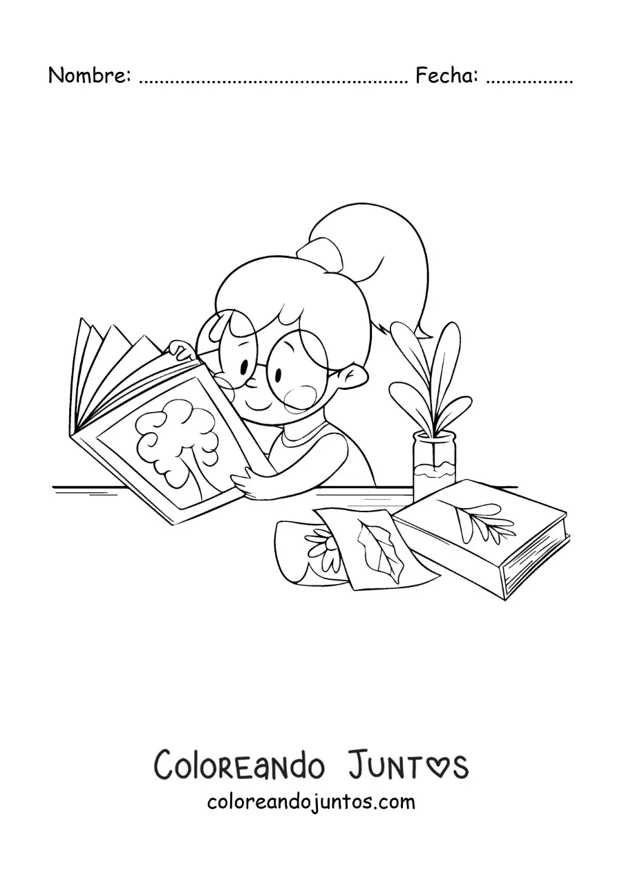 Imagen para colorear de una niña leyendo sobre botánica en un escritorio