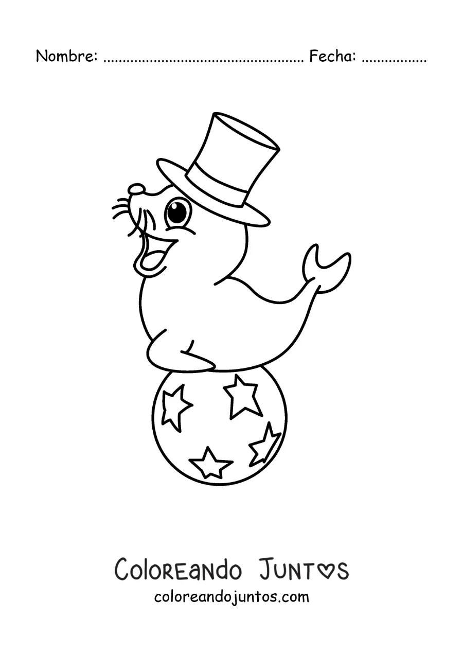 Imagen para colorear de una foca de circo animada sobre una pelota