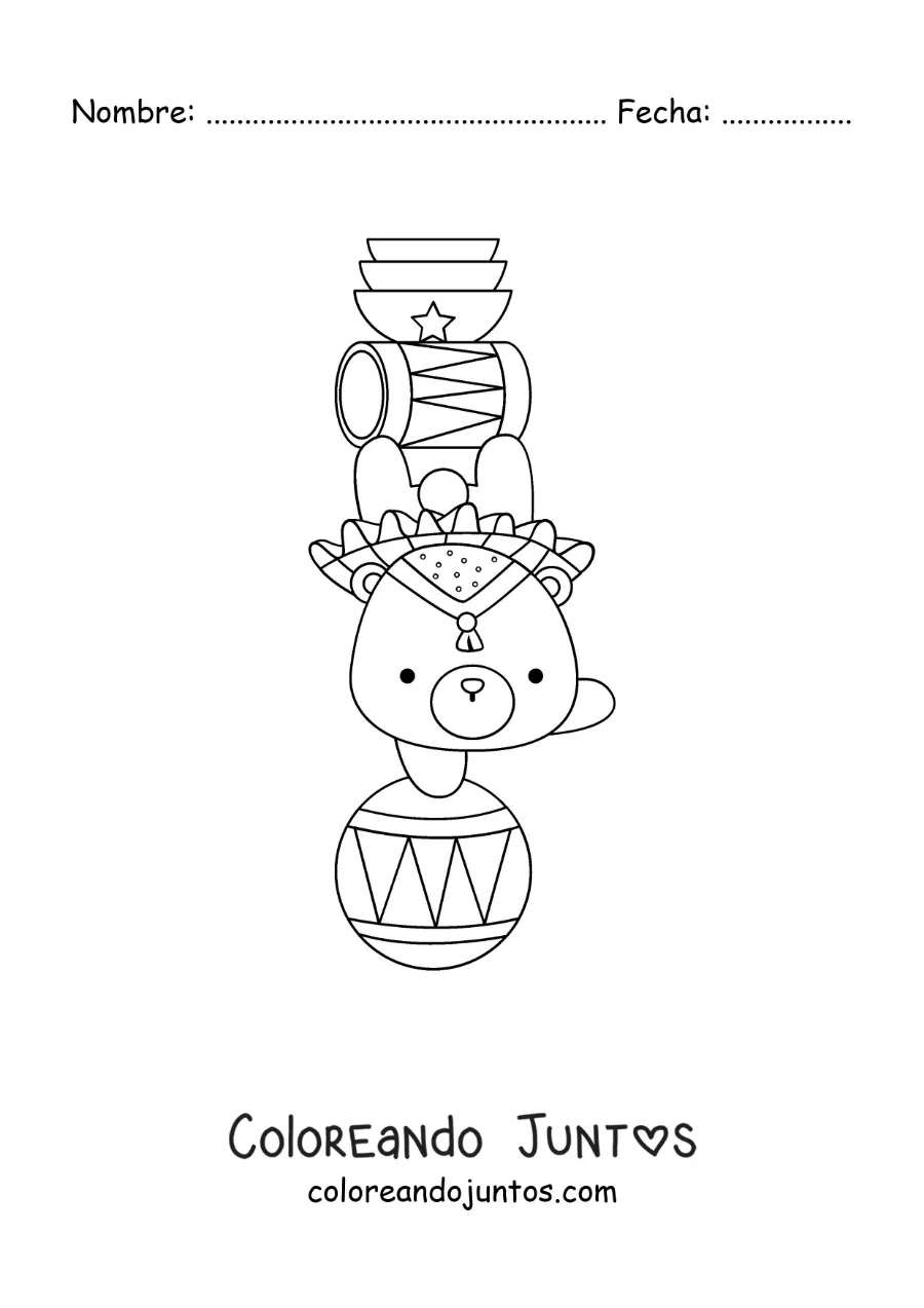 Imagen para colorear de un oso de circo animado haciendo piruetas