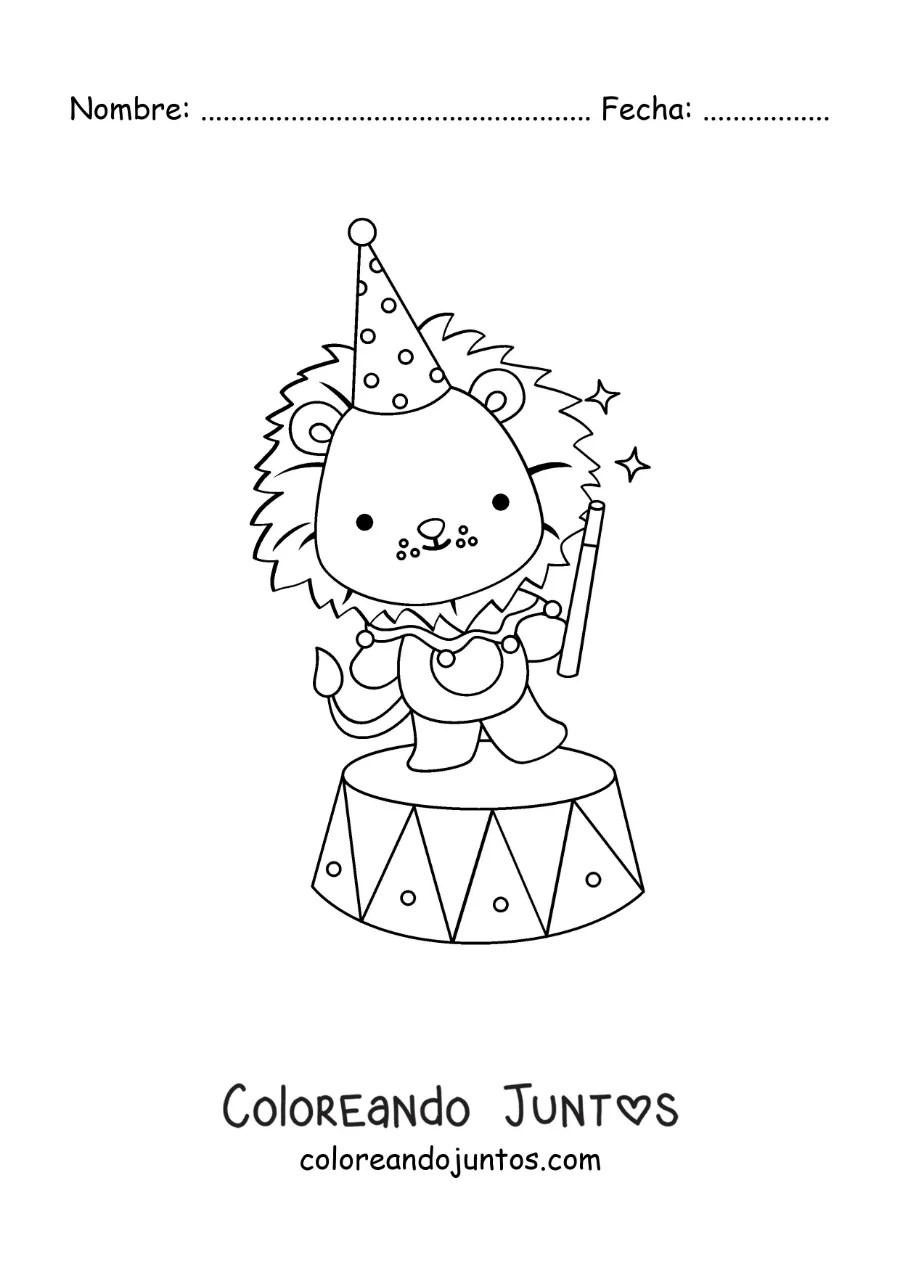 Imagen para colorear de un león de circo animado haciendo magia