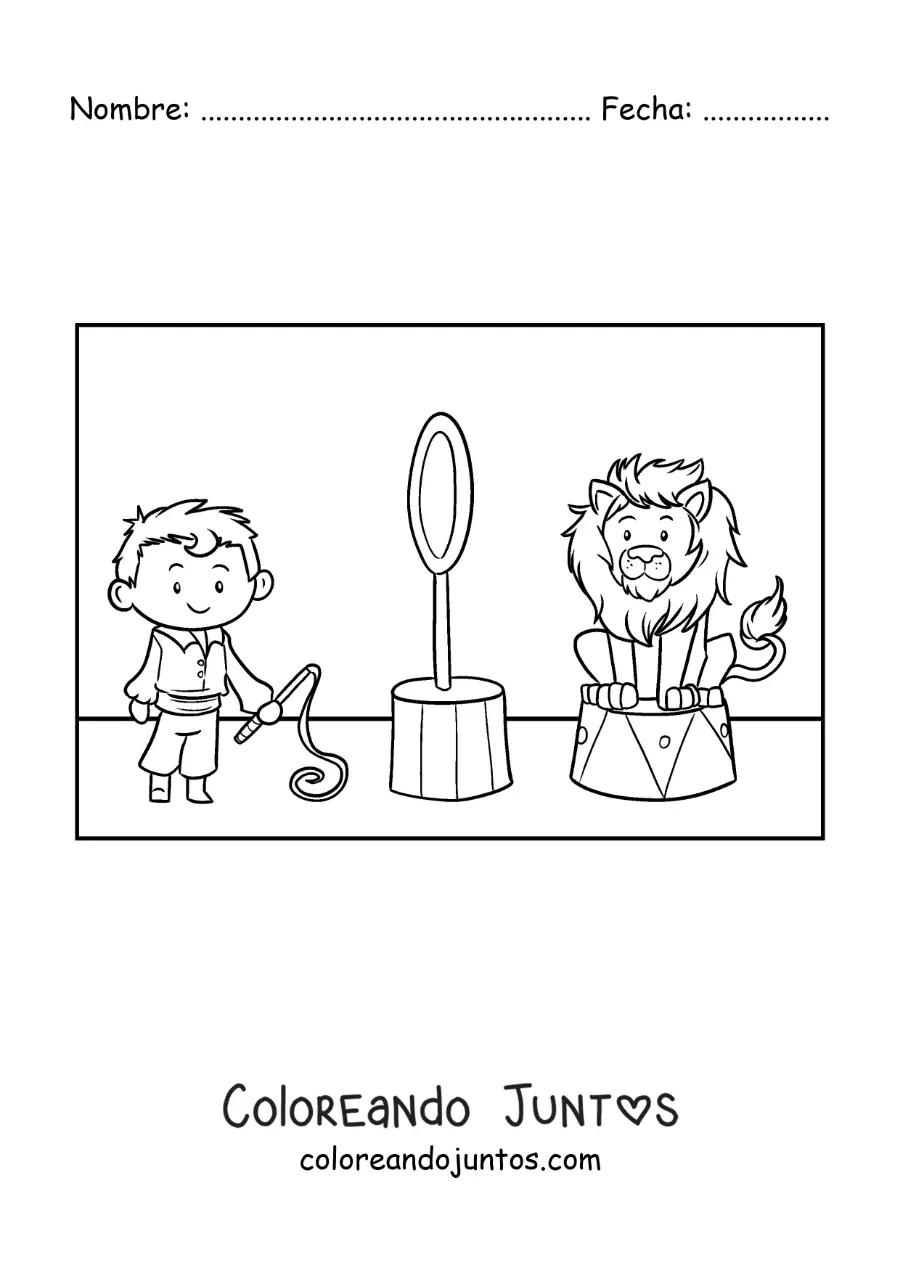Imagen para colorear de un domador de circo y un león animado