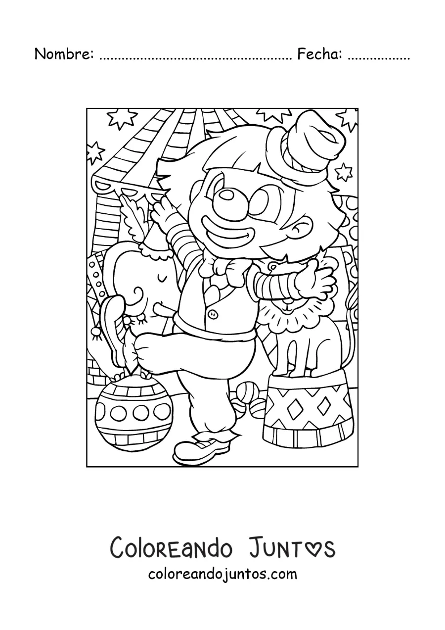 Imagen para colorear de un payaso junto a animales de circo