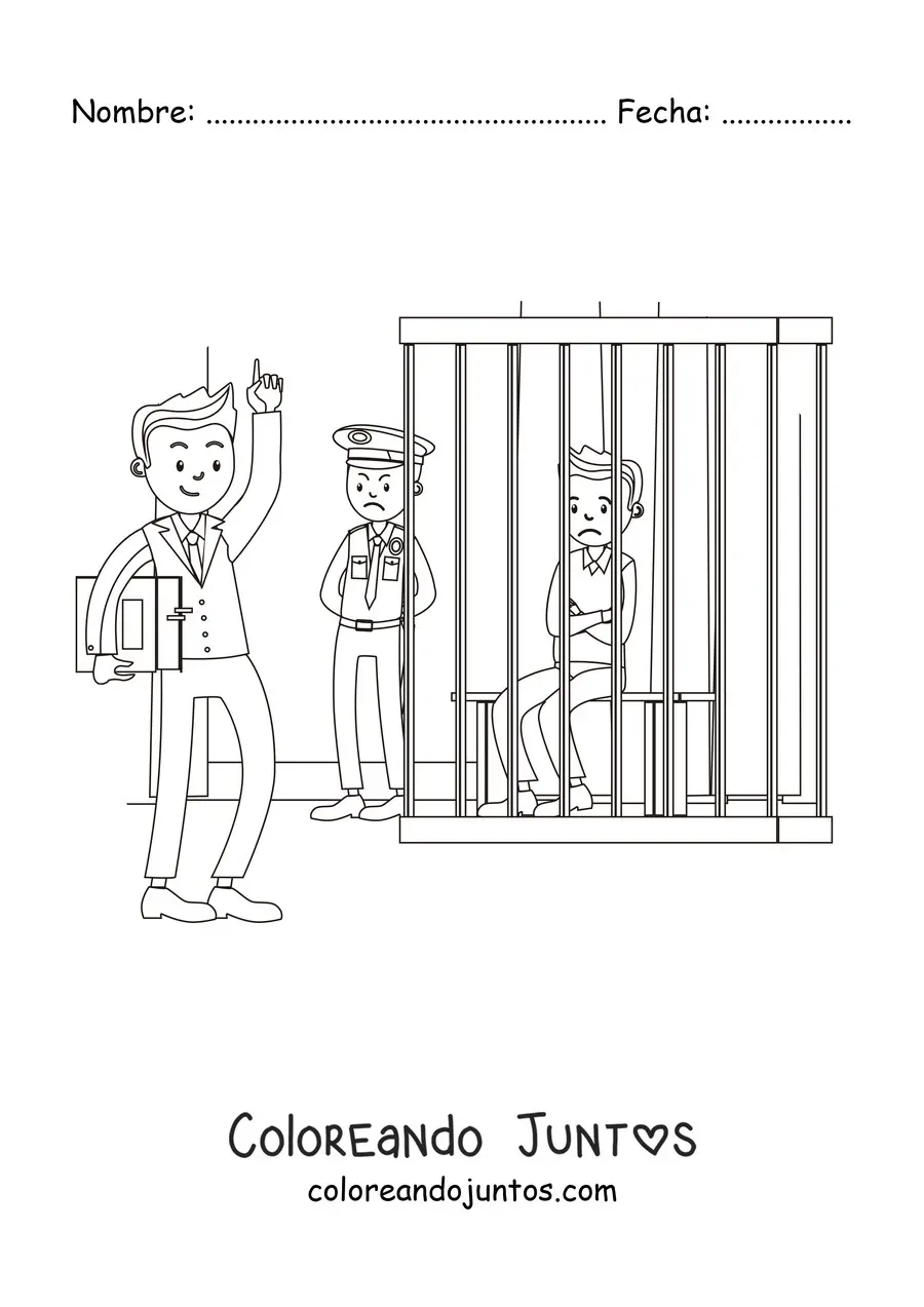 Imagen para colorear de un abogado defendiendo a un cliente en prisión