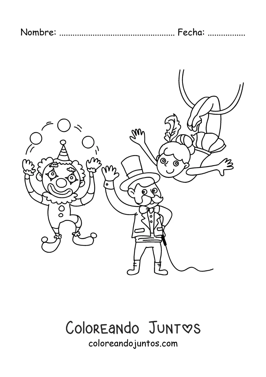 Imagen para colorear de un payaso malabarista, un mago y una acróbata de circo