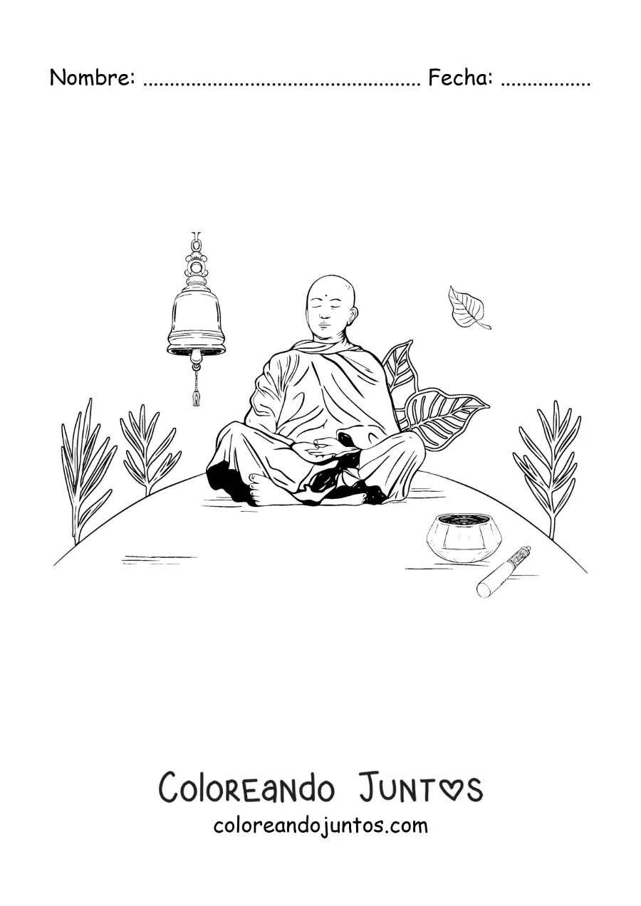 Imagen para colorear de un monje budista sentado meditando junto a una campana