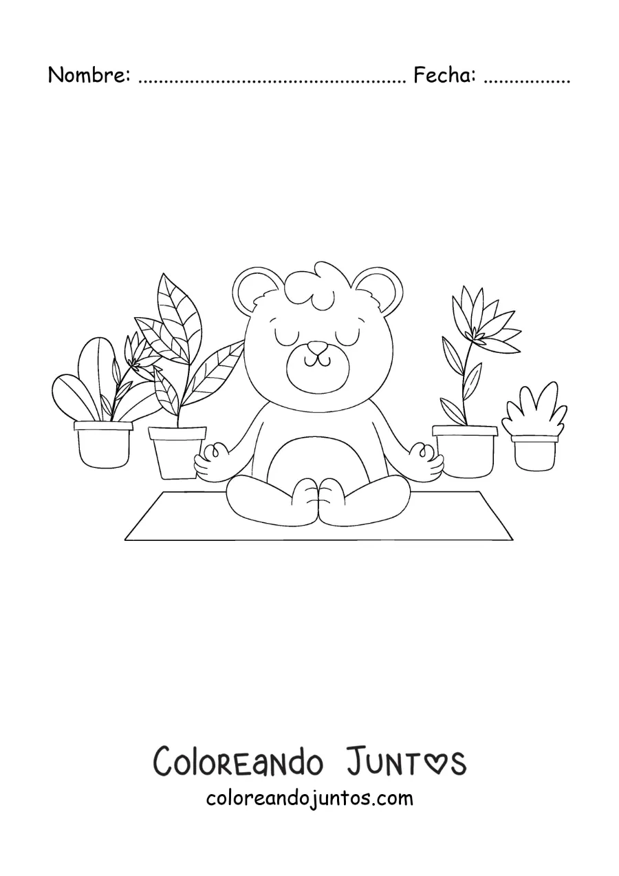 Imagen para colorear de un oso animado meditando rodeado de plantas