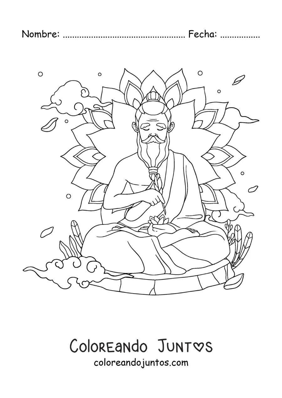 Imagen para colorear de un gurú meditando con una mandala de fondo