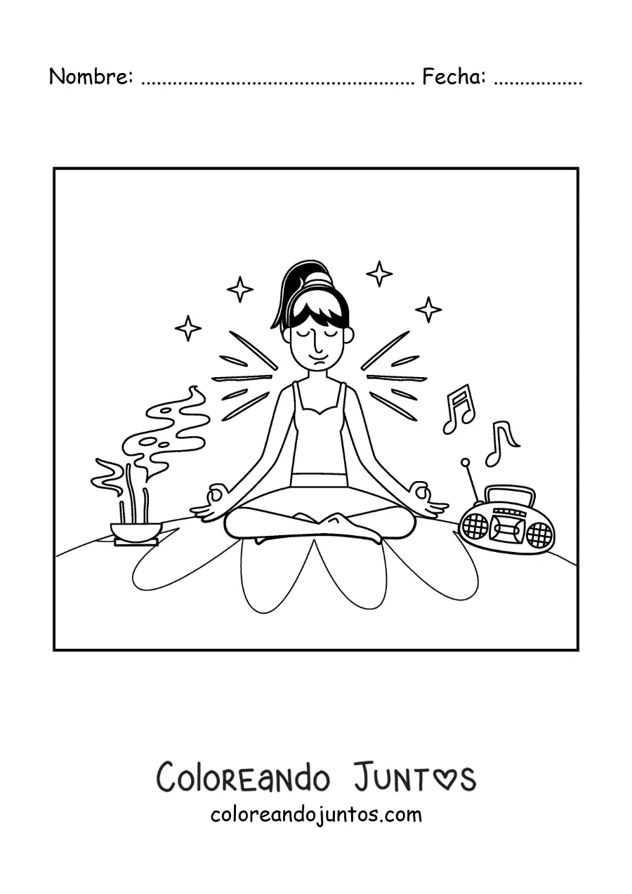 Imagen para colorear de una chica meditando en casa con música
