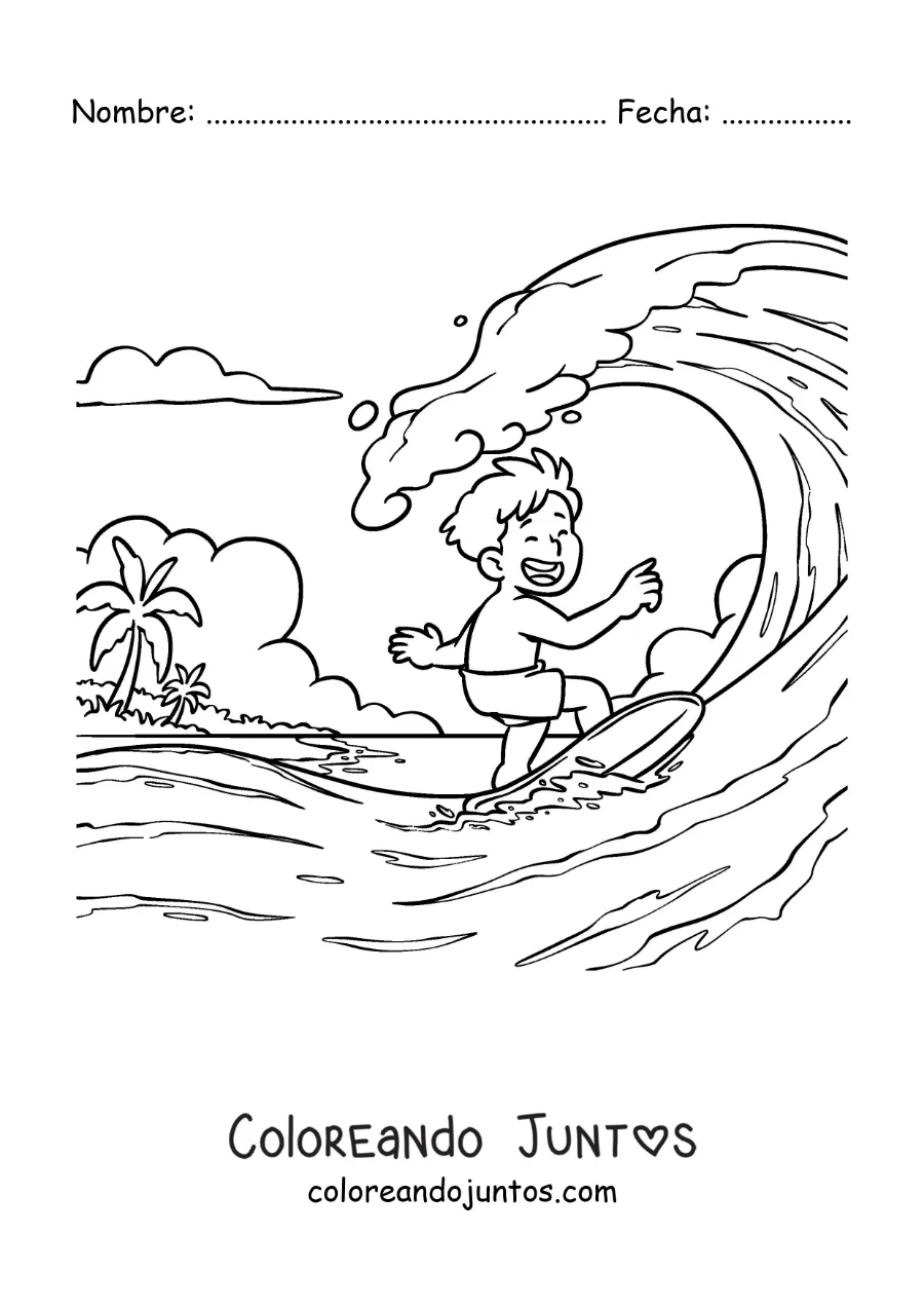 Imagen para colorear de un niño surfeando en la playa
