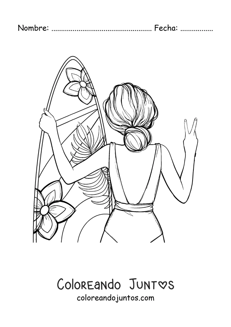 Imagen para colorear de una chica de espaldas con su tabla de surf