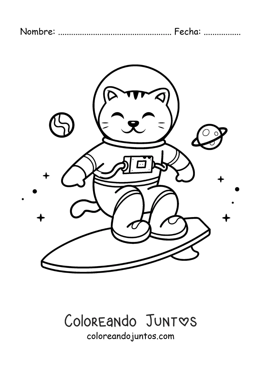 Imagen para colorear de un gato astronauta animado surfeando en el espacio