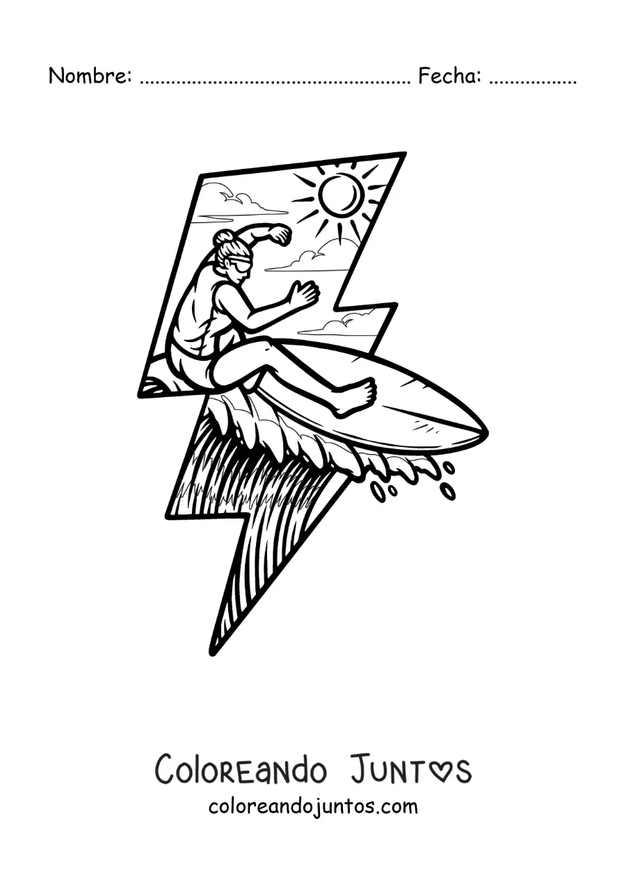 Imagen para colorear de una chica surfeando en la playa en un rayo